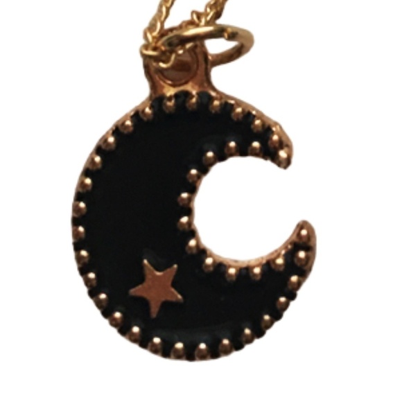 HAND Crafted Necklace Gold Plated Chain Black Quarter Moon - Picture 3 of 9